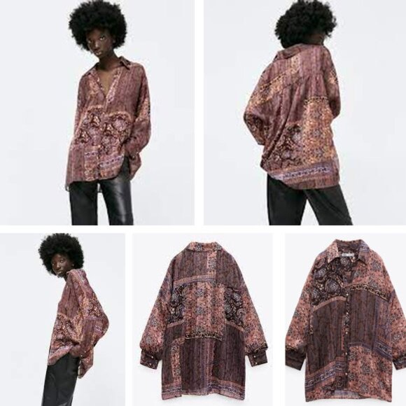 Zara Patchwork Shirt Blouse Top M Oversized Paisley Boho Brown Semi Sheer Collar - Picture 3 of 16